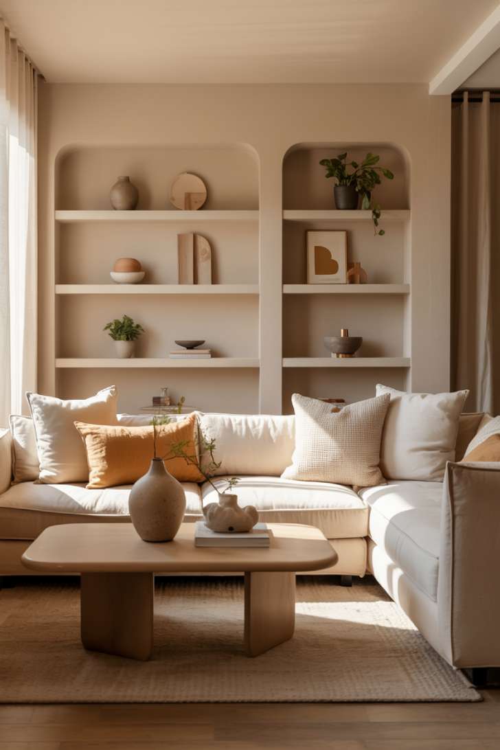 A modern small living room with cream sectional, rounded wooden coffee table, and floating shelves