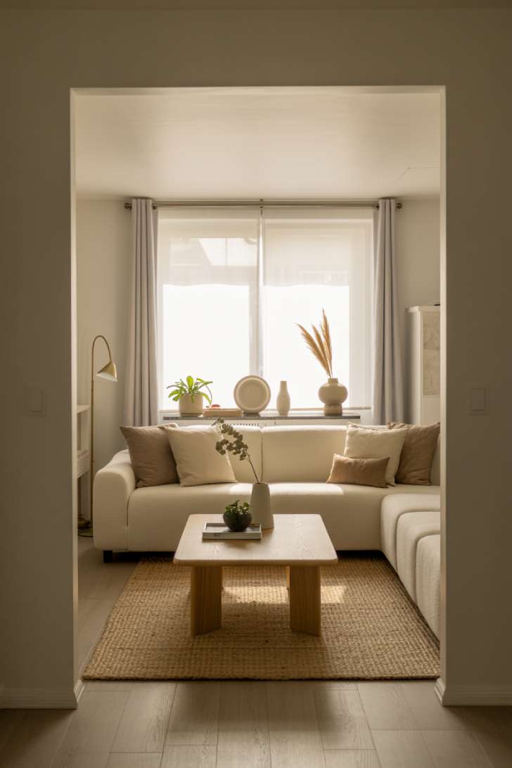 A cozy small modern living room with cream sectional, white oak coffee table, and brass floor lamp