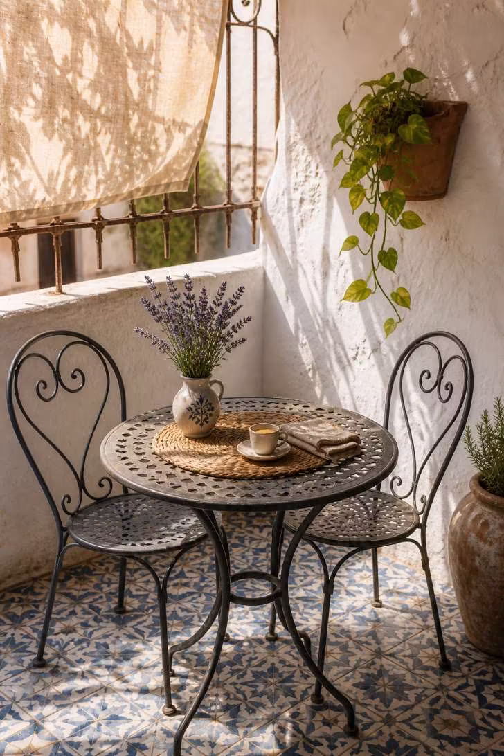 Small bistro corner with mosaic tile floor and wrought-iron furniture on a sunlit urban patio