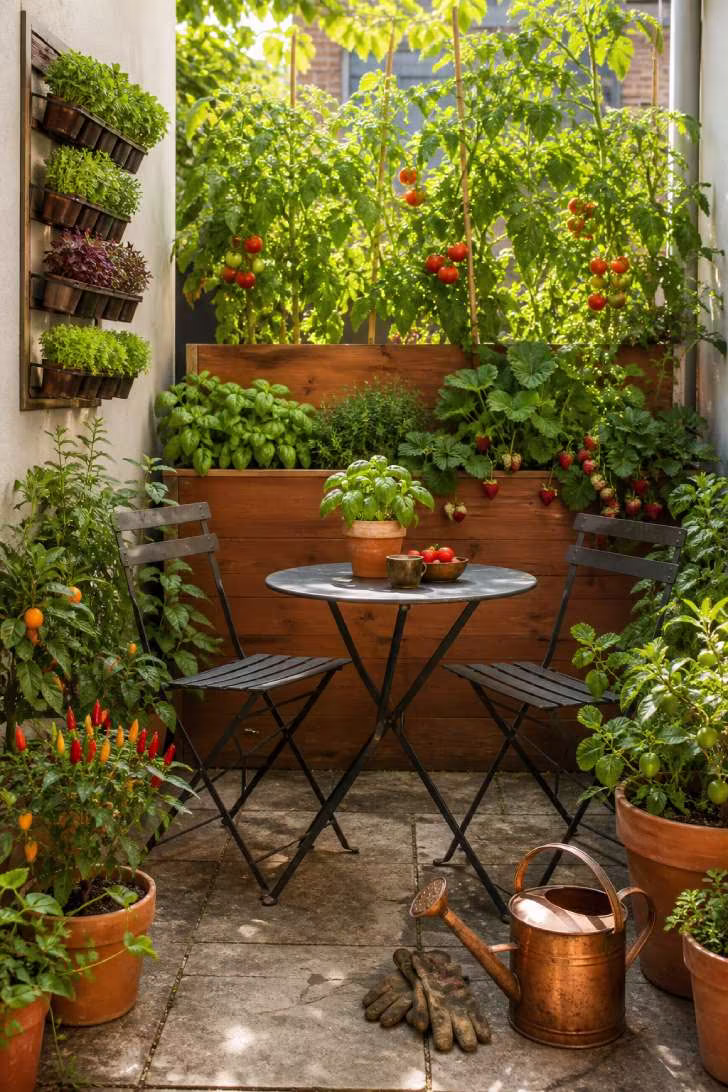 Edible garden patio with raised cedar planters, tomato vines, and a small café table