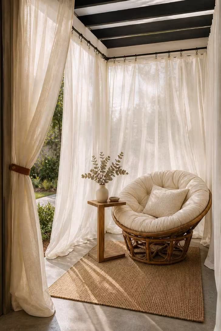 Small patio enclosed by billowing sheer curtains with a wicker papasan chair inside