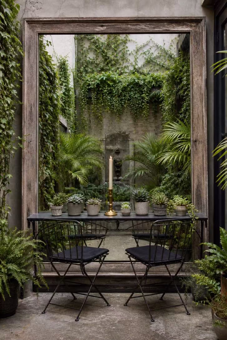 Small patio with large outdoor mirror doubling the visual depth of a lush garden wall