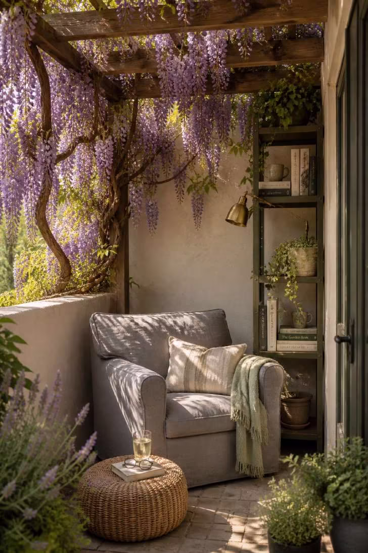 Small pergola reading nook with wisteria overhead, a deep armchair, and a narrow bookshelf