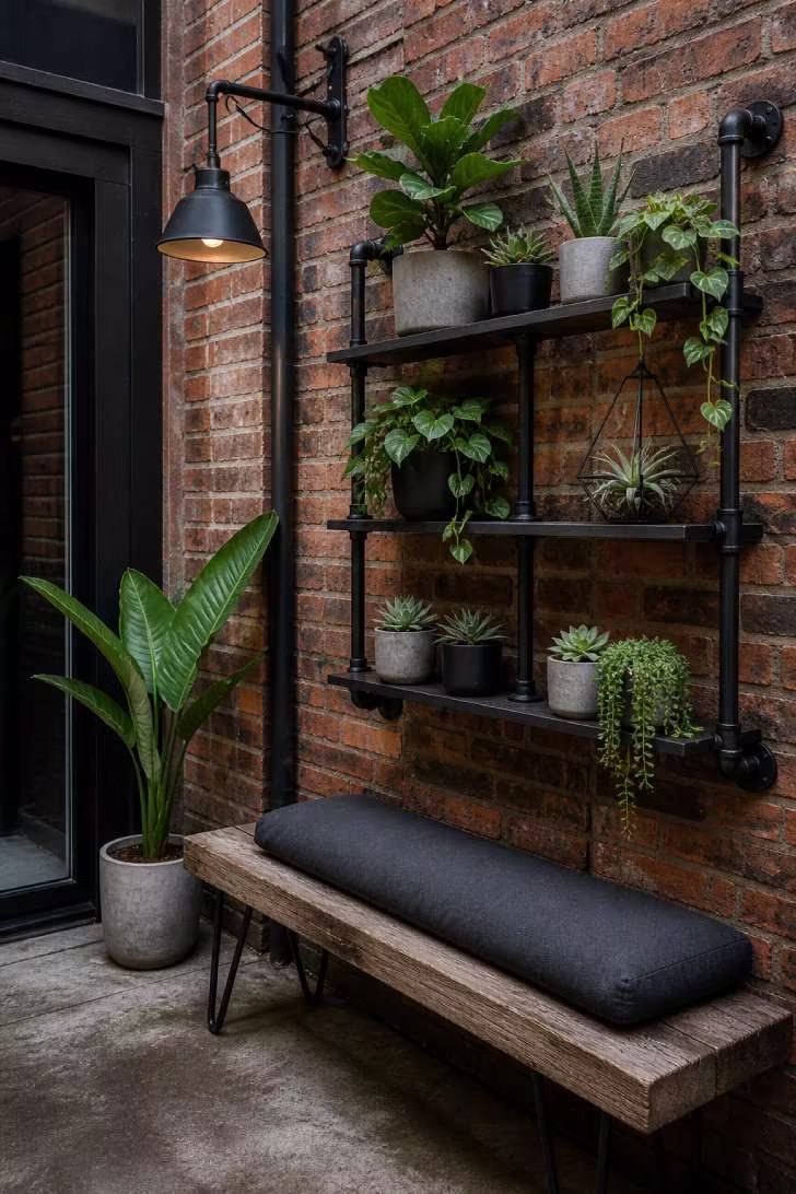 Industrial urban patio with iron pipe shelving on brick, concrete planters, and a reclaimed wood bench