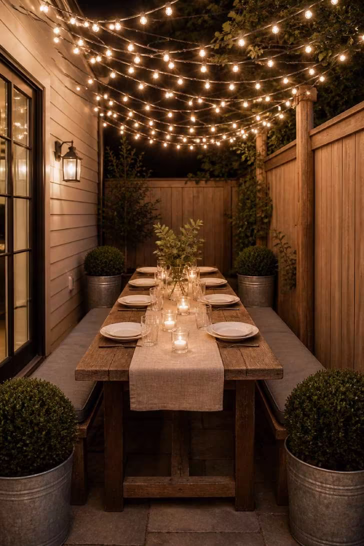 Small patio dining space under a dense string light canopy with a reclaimed elm table