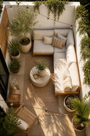 Overhead view of a beautifully styled small outdoor patio with sectional seating, plants, and string lights