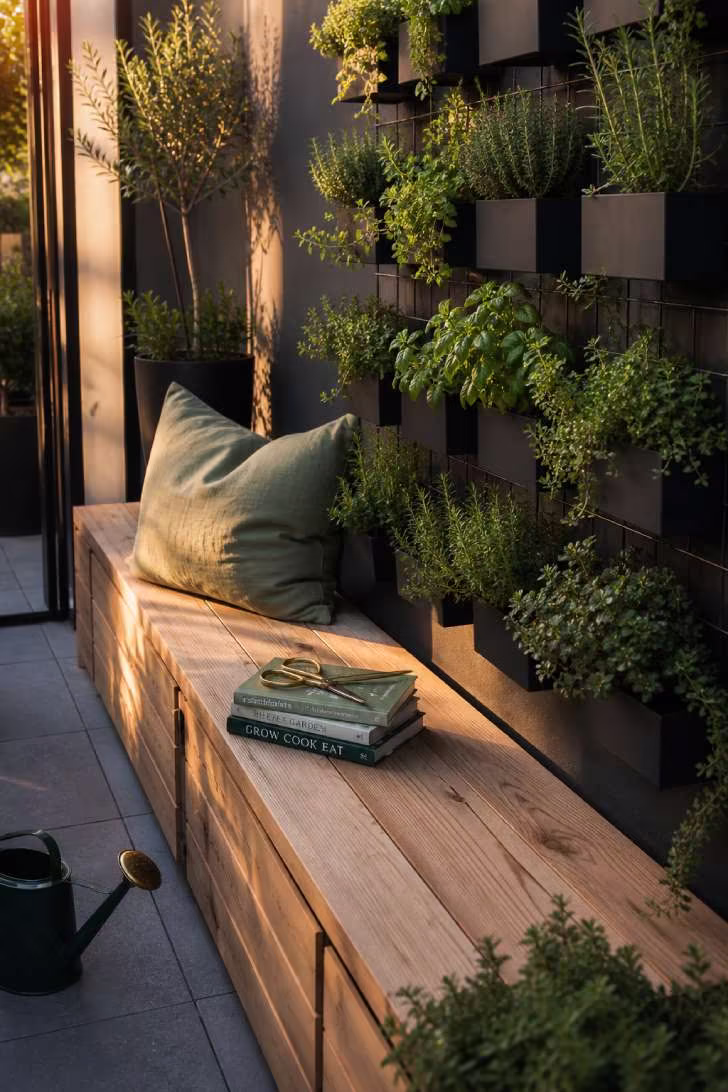 Narrow patio with vertical herb wall in black metal planters and a cedar storage bench