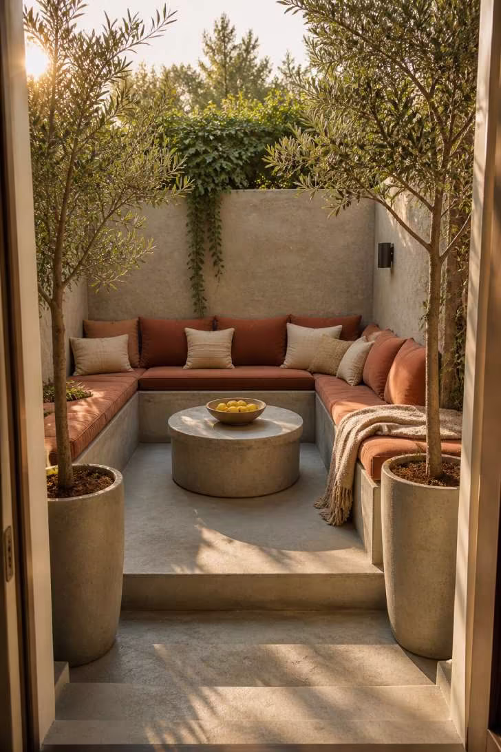 Sunken conversation pit with built-in concrete benches and terracotta cushions on a small patio