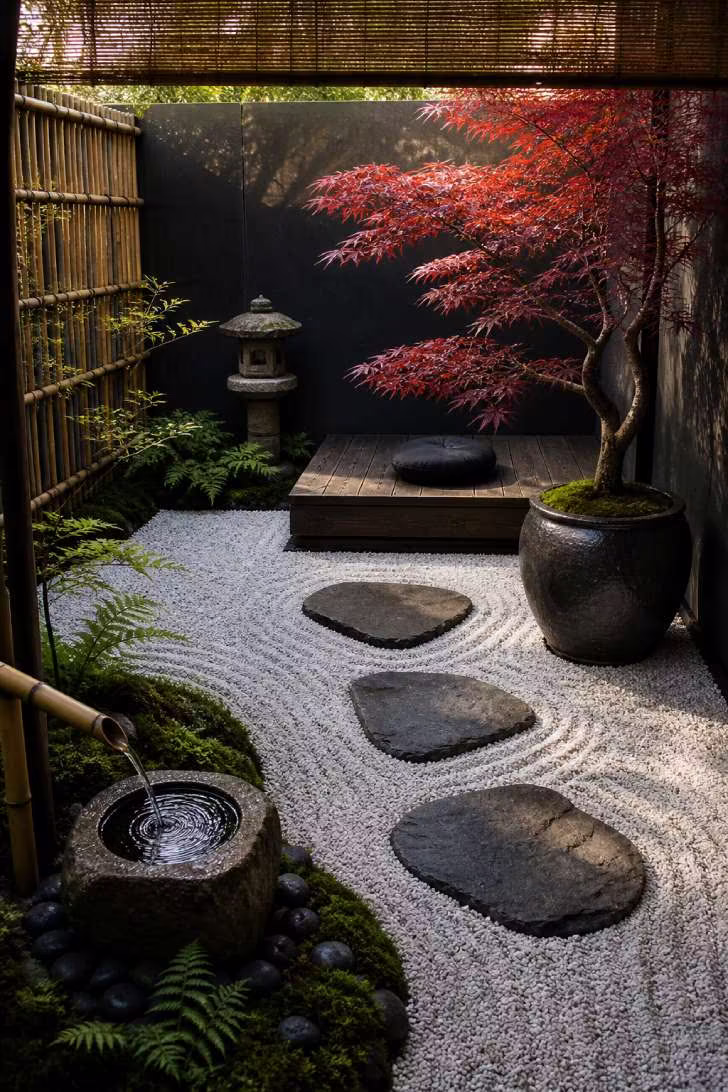 Japanese-inspired small patio with raked white gravel, stepping stones, and a sculptural maple tree