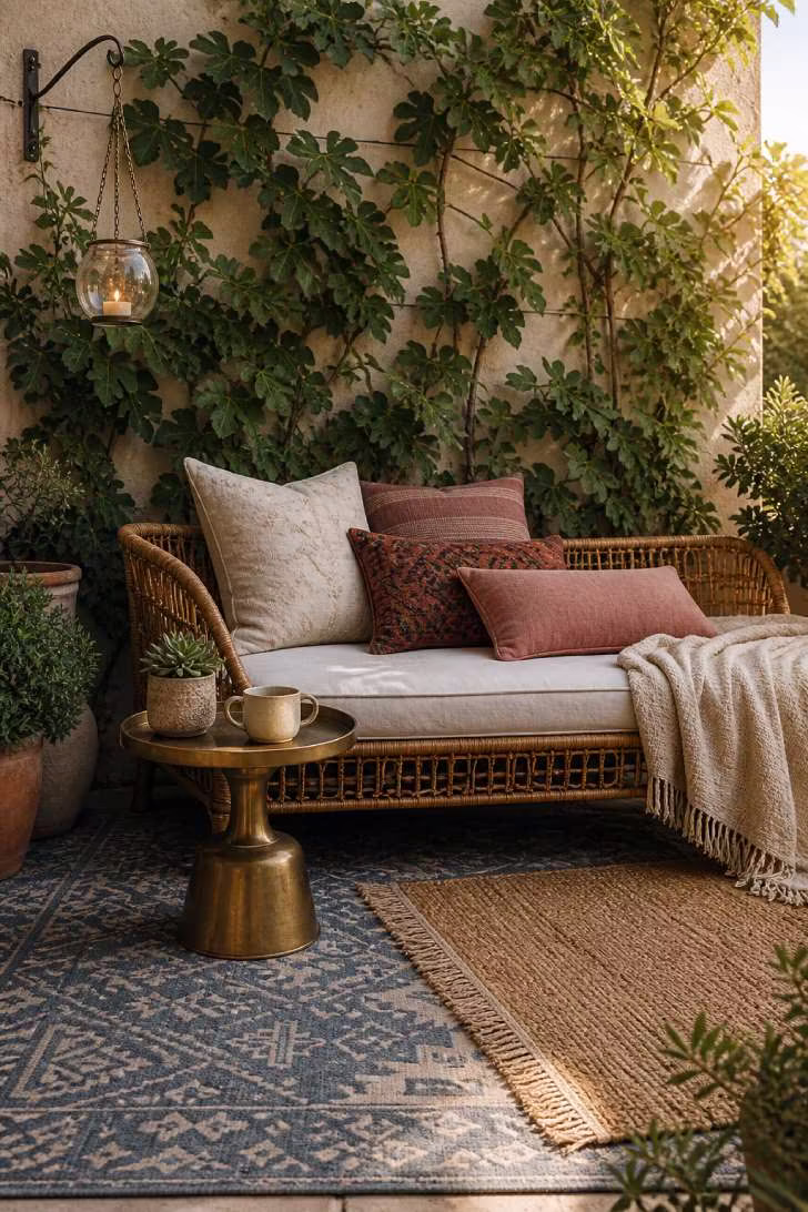 Layered outdoor rugs beneath a rattan daybed with colorful cushions on a cozy small patio