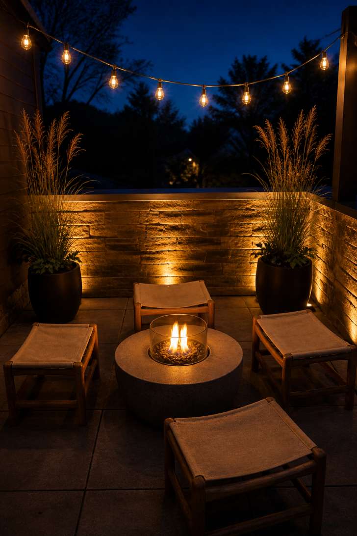 Compact fire pit terrace at dusk with low stools and string lights overhead