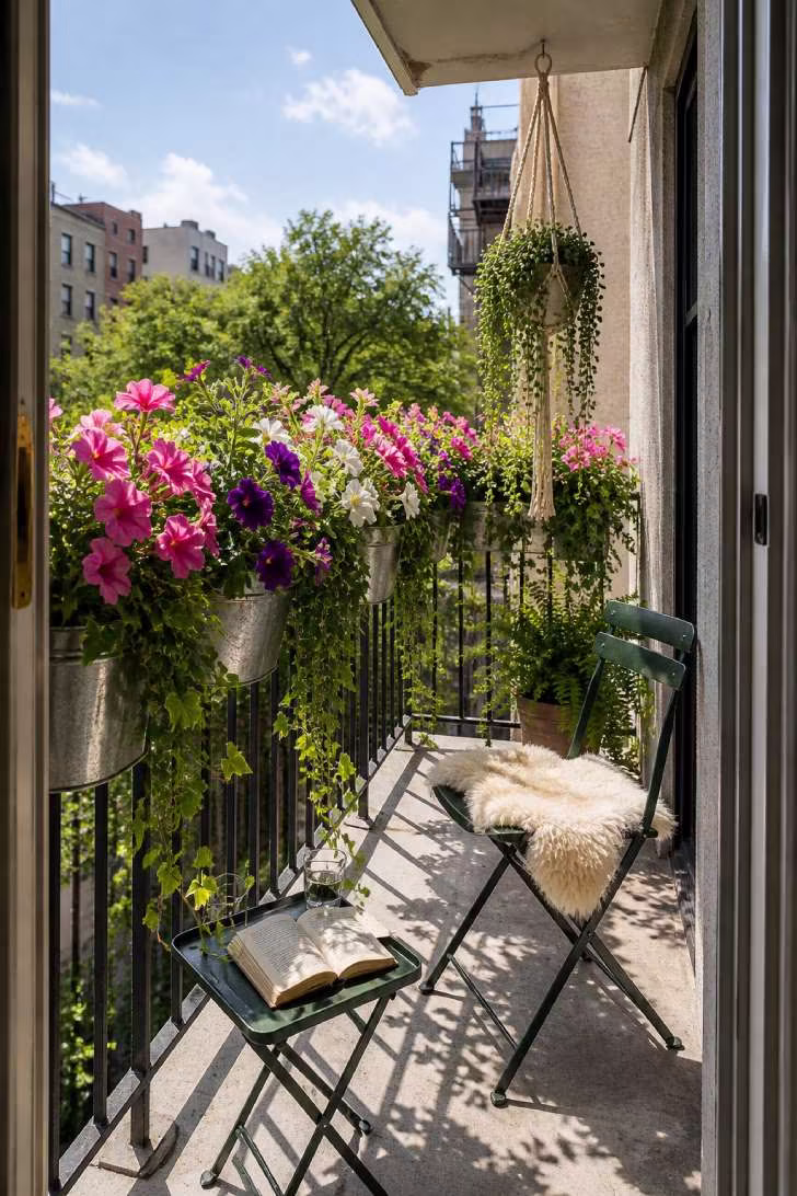 Narrow balcony with railing planters overflowing with trailing flowers and a green folding chair