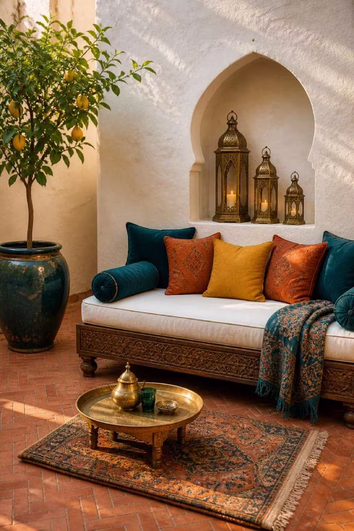 Moroccan-inspired patio corner with carved daybed, brass lanterns, and jewel-toned cushions