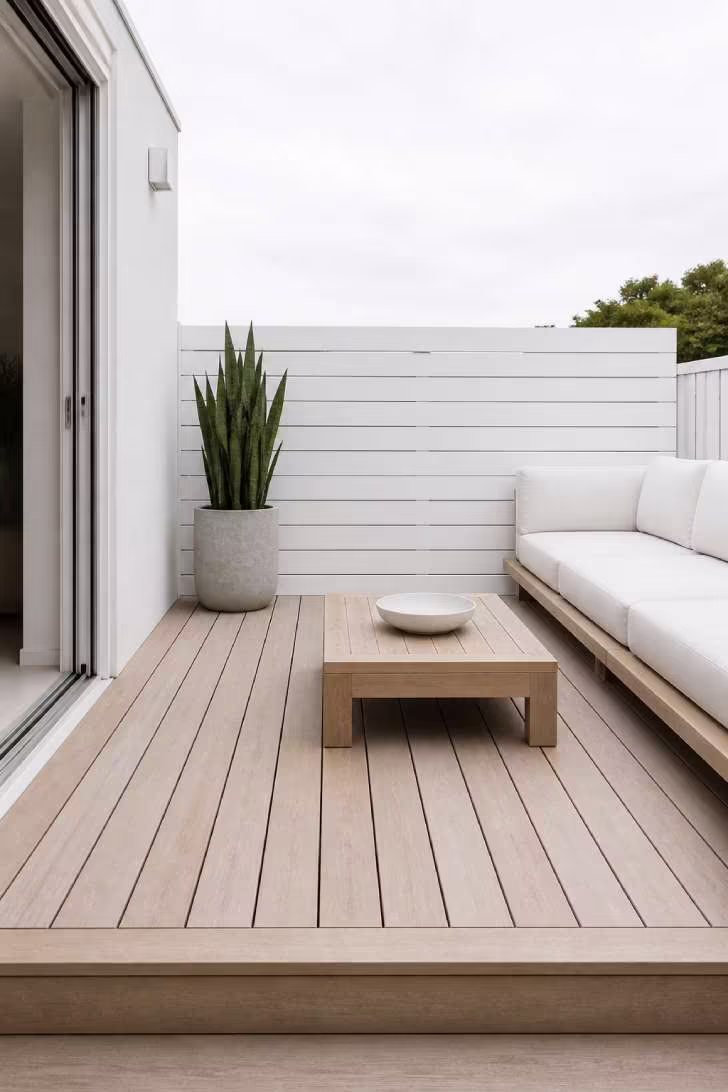 Minimalist small deck with teak platform sofa, white cushions, and a single snake plant