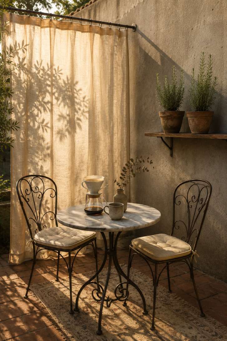 Small patio bistro set with wrought iron chairs and marble table in morning sunlight