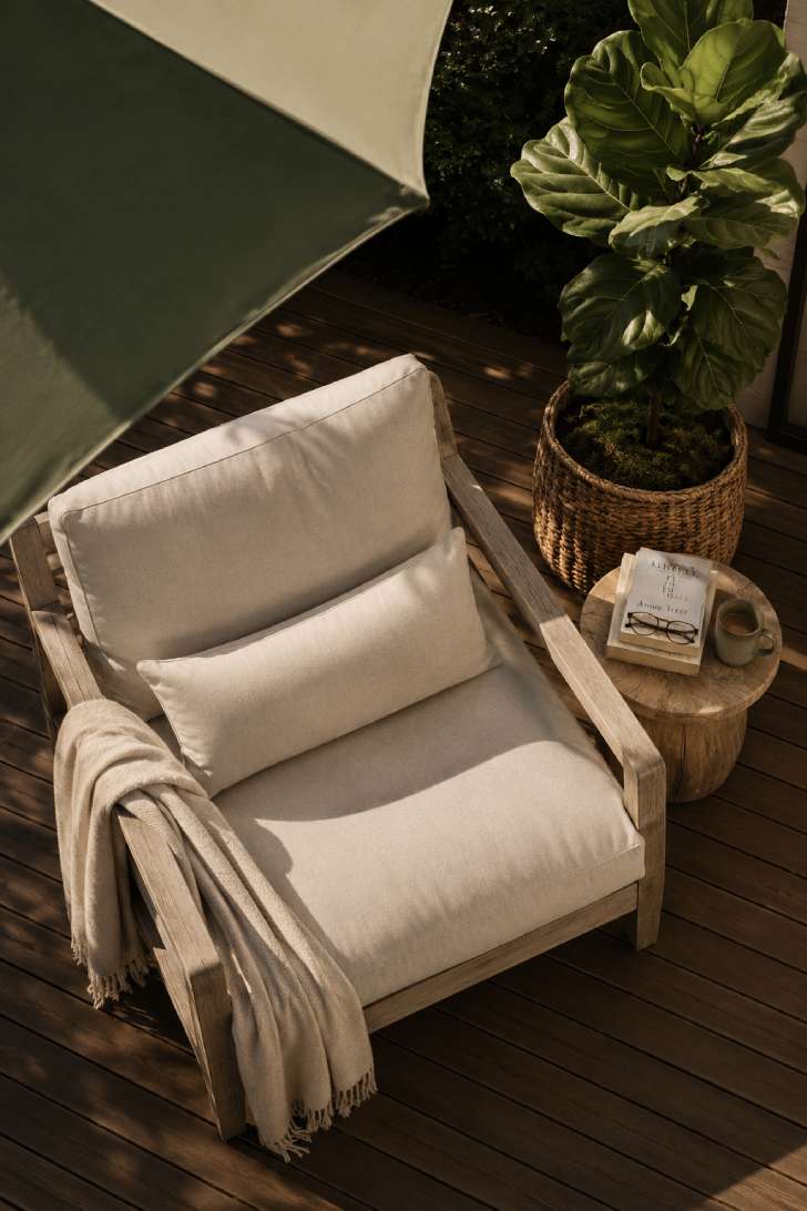 Oversized lounge chair with books and umbrella shade on a small wooden patio
