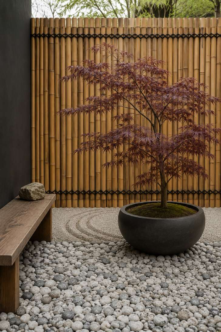 Japanese zen corner with pebble ground, maple tree, and bamboo screen on small patio