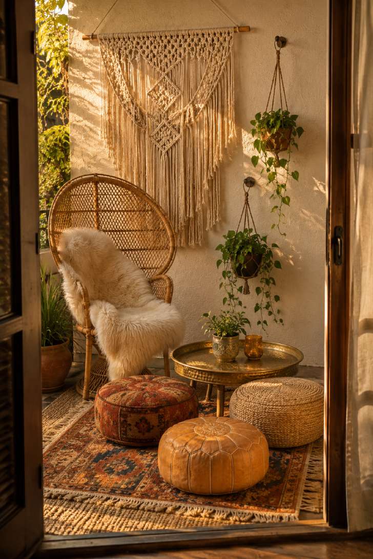 Bohemian small patio with rattan peacock chair, macrame wall hanging, and layered rugs