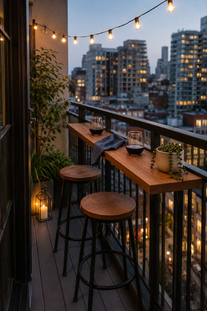Narrow bar-height counter along balcony railing with stools and city view