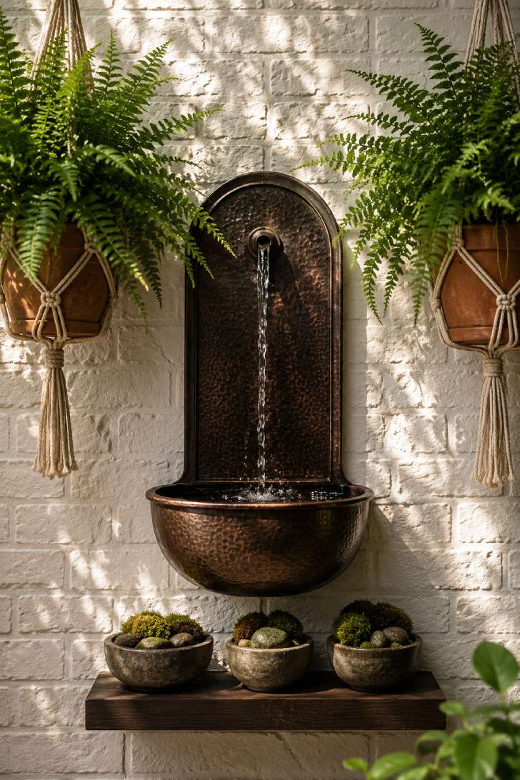 Wall-mounted copper water fountain with ferns on a whitewashed brick patio wall