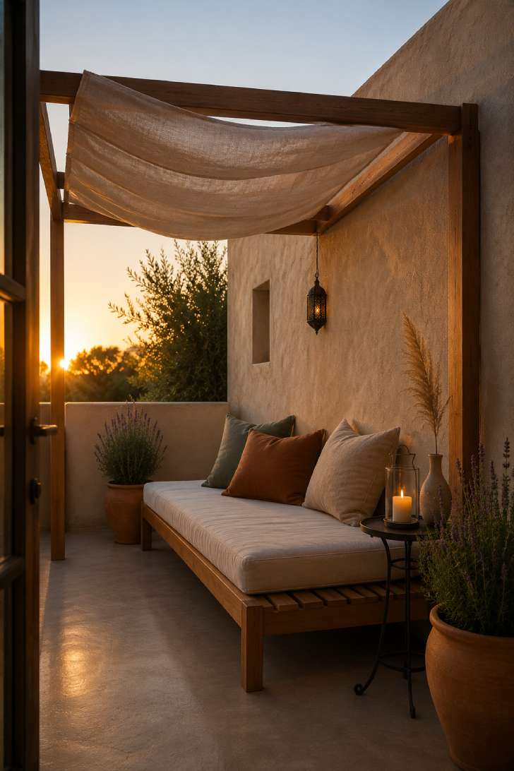 Outdoor daybed with linen canopy and lavender plants on a small evening patio