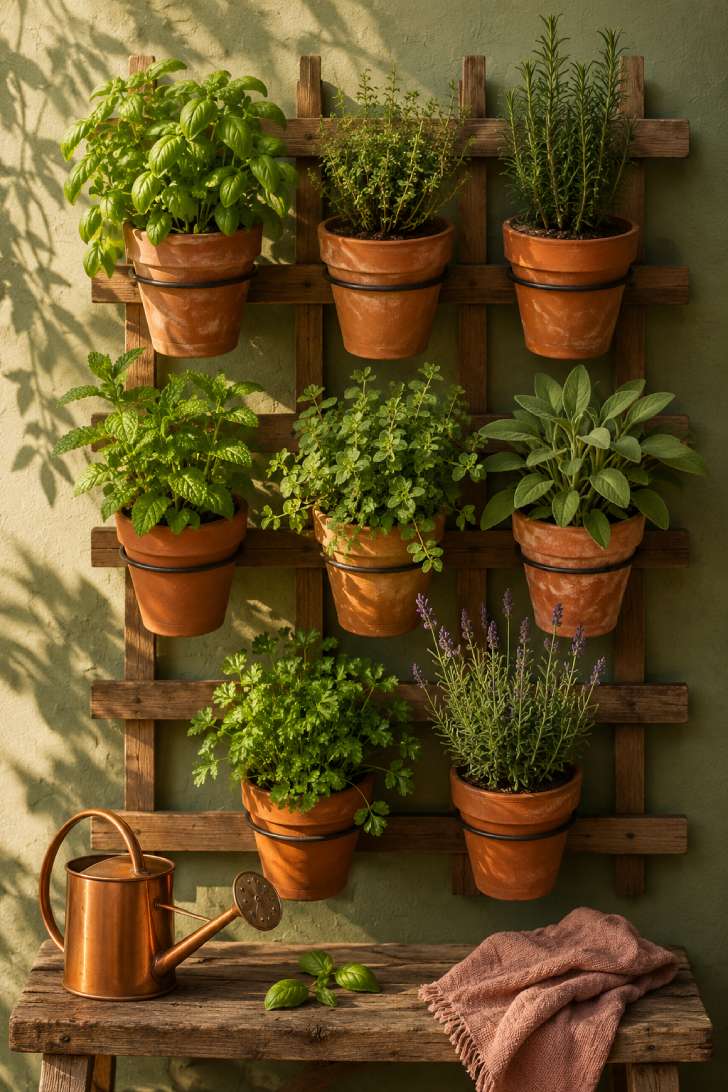 Vertical herb garden with terra cotta pots mounted on a sage green patio wall