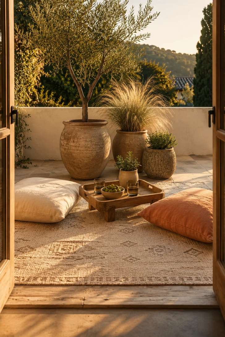 Small patio with outdoor rug, floor cushions, and low teak table in golden light