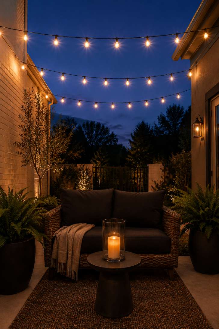 Small patio at dusk with string light canopy over wicker loveseat and lanterns