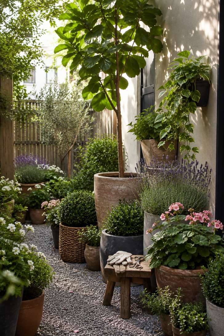 Container garden with layered pots of varying heights along a small patio fence