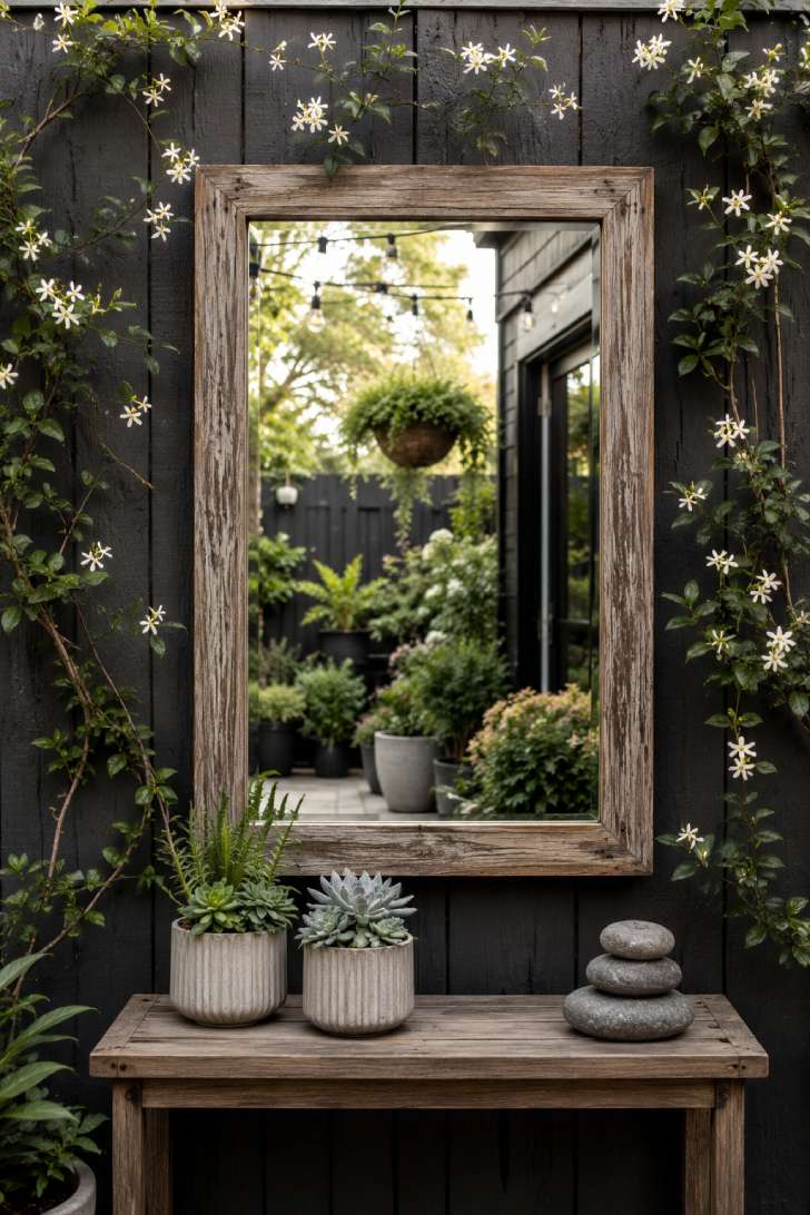 Weatherproof mirror on a patio fence reflecting plants and string lights