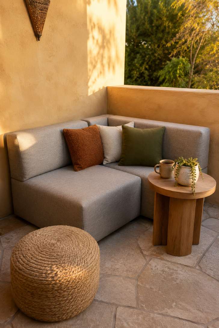 Compact modular sectional with textured pillows in a small patio corner