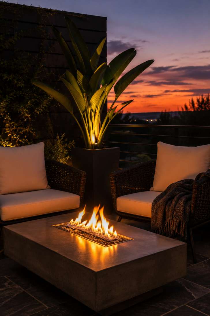 Tabletop fire pit on small patio with lounge chairs at dusk