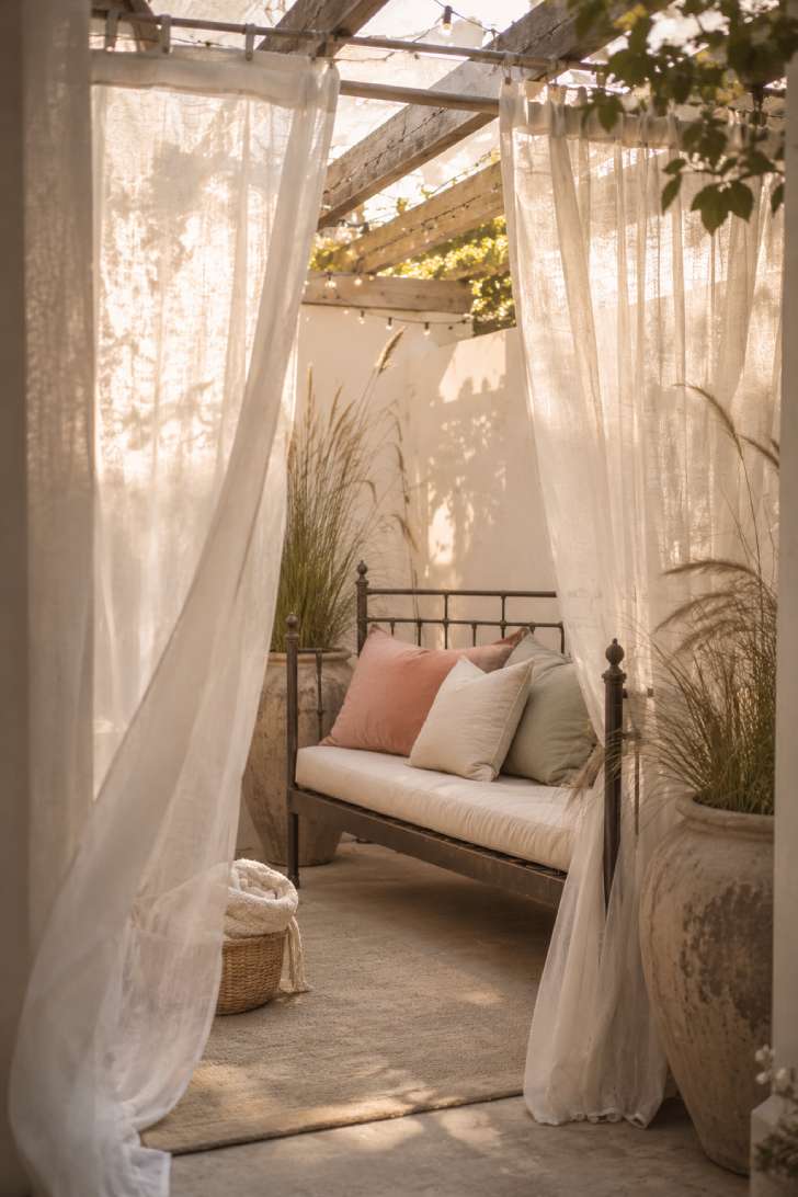 Sheer outdoor curtains framing a small patio daybed with fairy lights overhead
