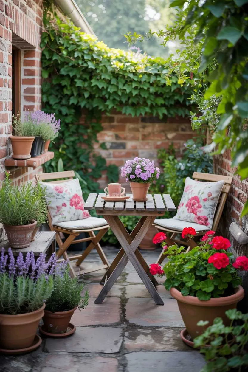 27 Small Patio Garden Ideas That Add Charm to Outdoor Spaces 1 Cozy patio garden with wooden table, floral cushioned chairs, and overflowing terracotta pots of lavender and geraniums