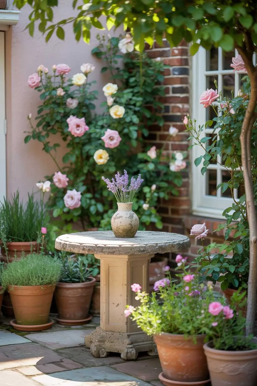 27 Small Patio Garden Ideas That Add Charm to Outdoor Spaces 2 Small patio featuring stone table with lavender vase, pink climbing roses on brick wall, and herb-filled terracotta pots