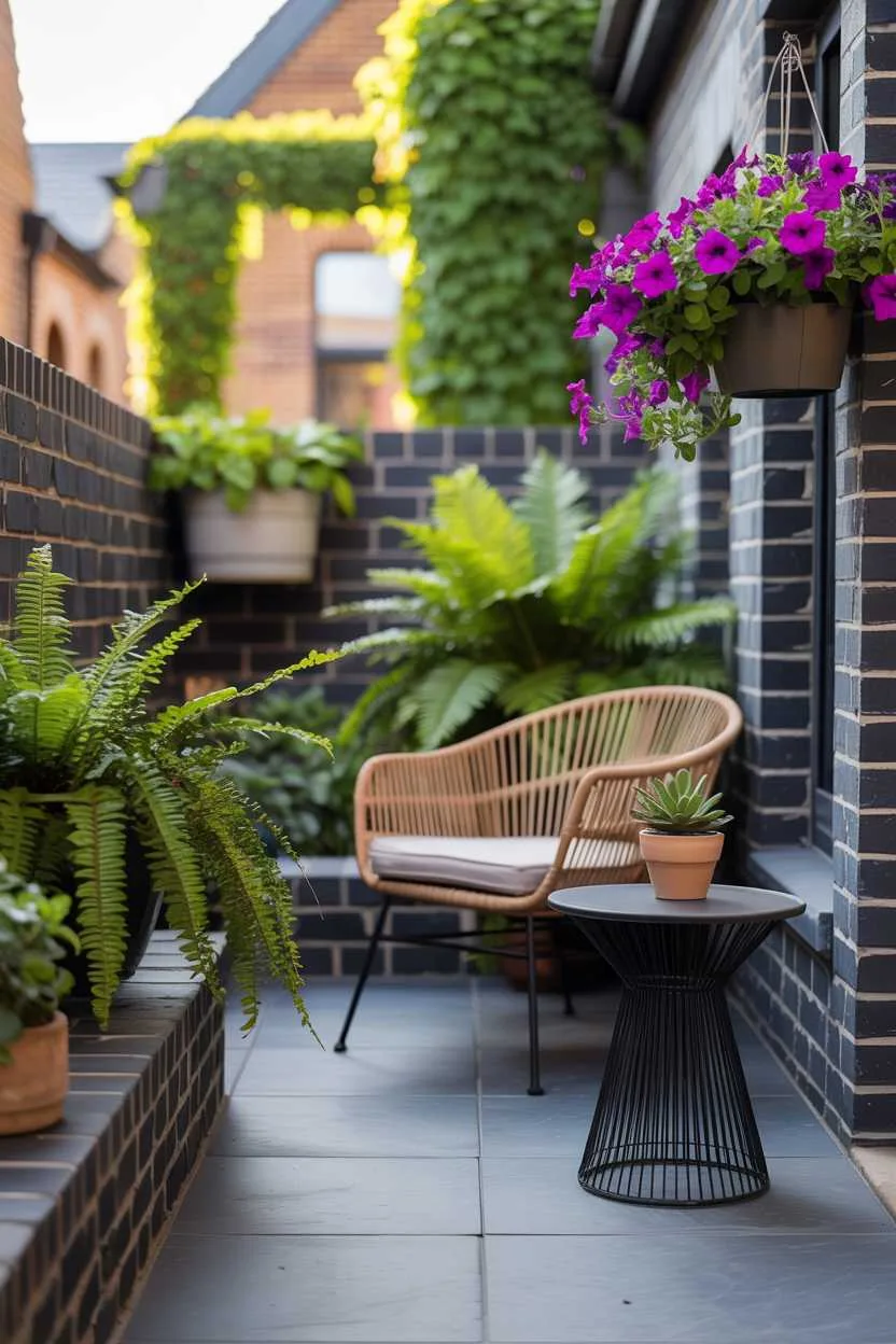 27 Small Patio Garden Ideas That Add Charm to Outdoor Spaces 3 Contemporary patio garden with dark stone pathway, rattan chair, hanging ferns, and purple petunias in planters
