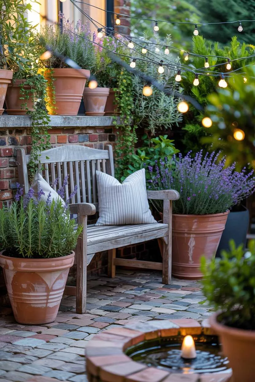 27 Small Patio Garden Ideas That Add Charm to Outdoor Spaces 4 Evening patio scene with wooden bench, lavender and rosemary pots, fairy lights, and small water fountain