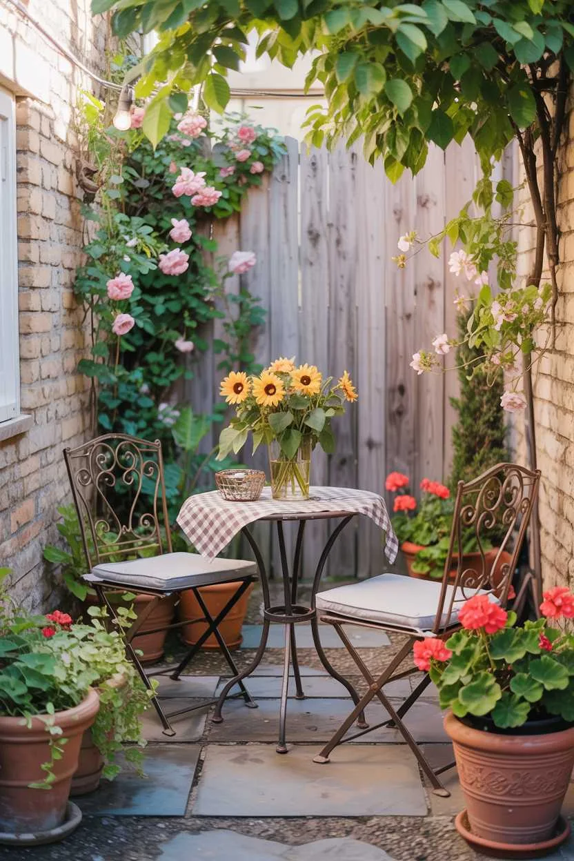 27 Small Patio Garden Ideas That Add Charm to Outdoor Spaces 5 Wrought-iron bistro set with checkered tablecloth, sunflower centerpiece, and trailing ivy in terracotta pots