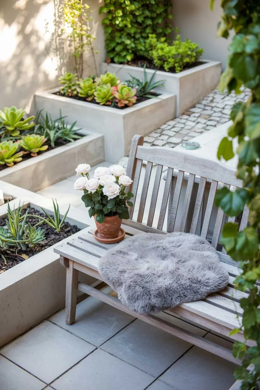27 Small Patio Garden Ideas That Add Charm to Outdoor Spaces 6 Simple wooden bench with grey cushion, white roses in terracotta pot, concrete planters with succulents