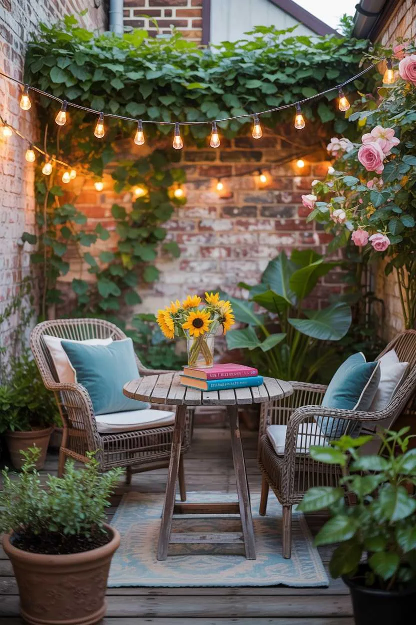 27 Small Patio Garden Ideas That Add Charm to Outdoor Spaces 7 Rustic wooden table with sunflowers and books, wicker chairs with teal cushions, string lights overhead