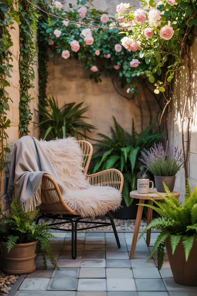 27 Small Patio Garden Ideas That Add Charm to Outdoor Spaces 8 Rattan chair with cream cushion and grey throw, wooden side table with morning dew mug, surrounded by lush greenery