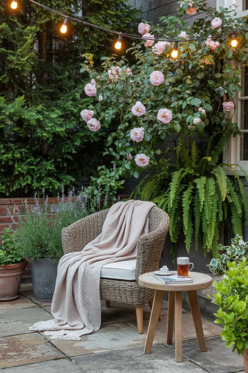 27 Small Patio Garden Ideas That Add Charm to Outdoor Spaces 9 Woven armchair with cream throw and tea cup, lavender plants, cascading ferns, and pink rose bush under string lights