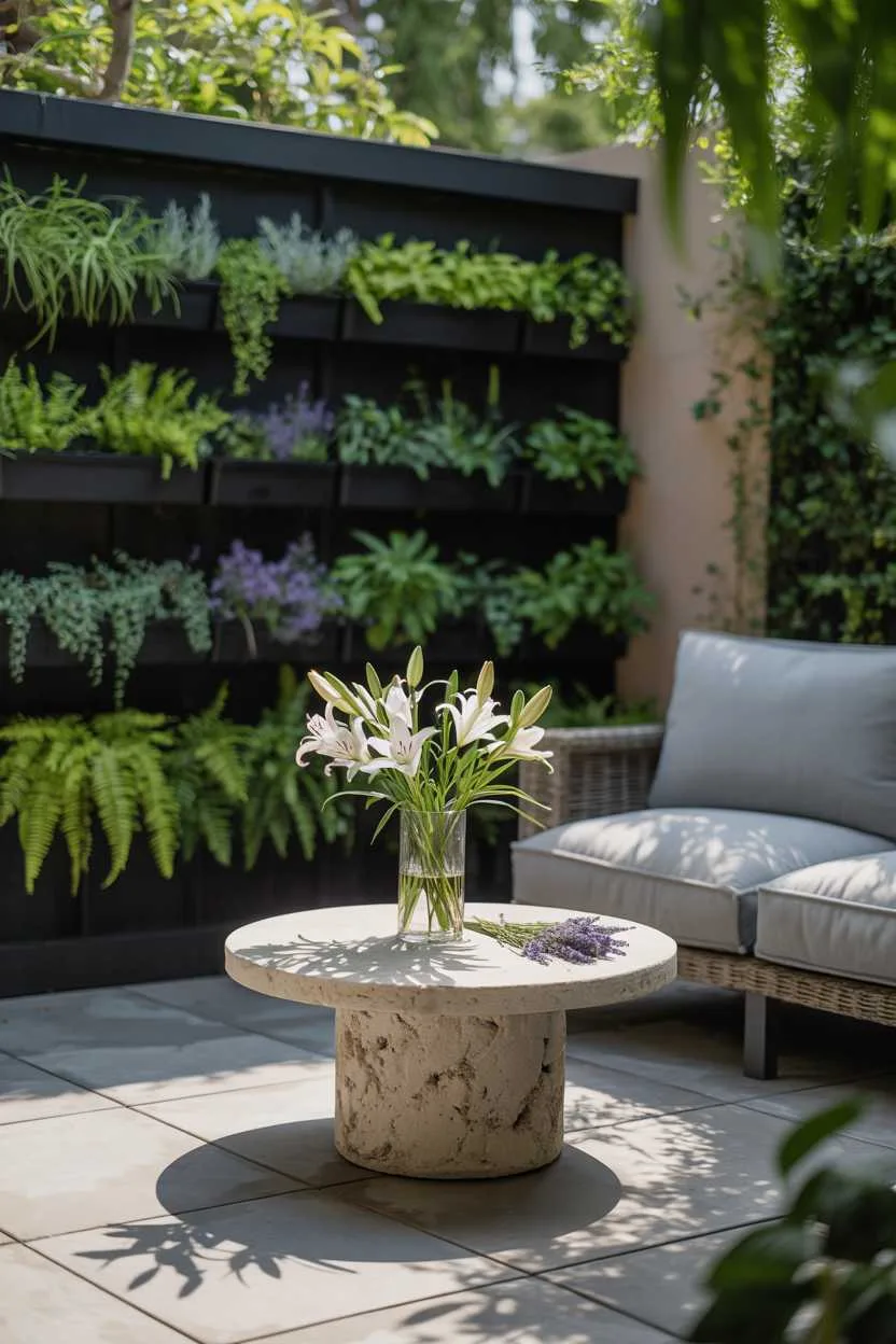 27 Small Patio Garden Ideas That Add Charm to Outdoor Spaces 10 Circular stone table with white lilies, light grey outdoor sofa facing vertical herb and fern wall