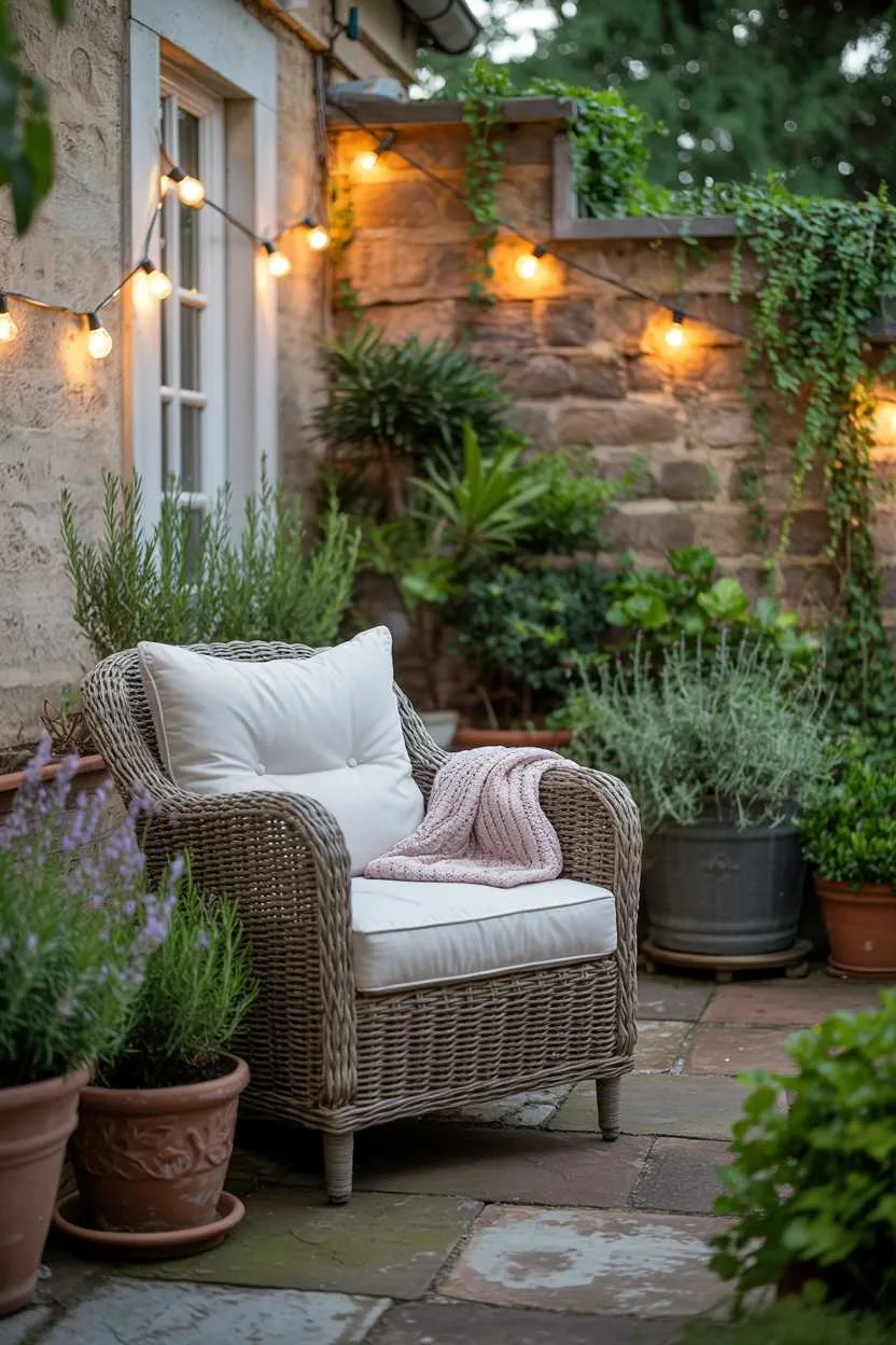 27 Small Patio Garden Ideas That Add Charm to Outdoor Spaces 11 Wicker armchair with cream cushion and knitted throw on stone patio, surrounded by potted herbs under string lights