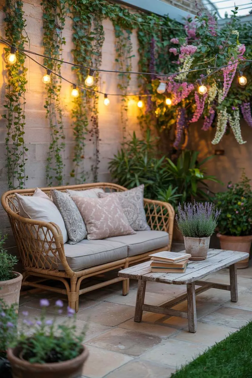 27 Small Patio Garden Ideas That Add Charm to Outdoor Spaces 12 Rattan sofa with patterned cushions beside wooden coffee table, vertical garden wall with trailing vines