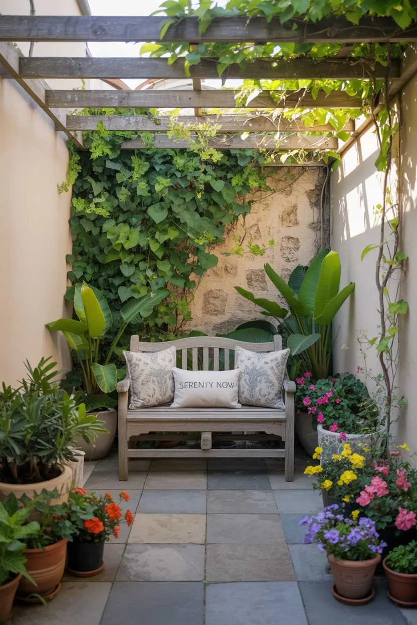 27 Small Patio Garden Ideas That Add Charm to Outdoor Spaces 13 Wooden bench with patterned cushions reading "Serenity Now", surrounded by climbing vines and colorful potted flowers