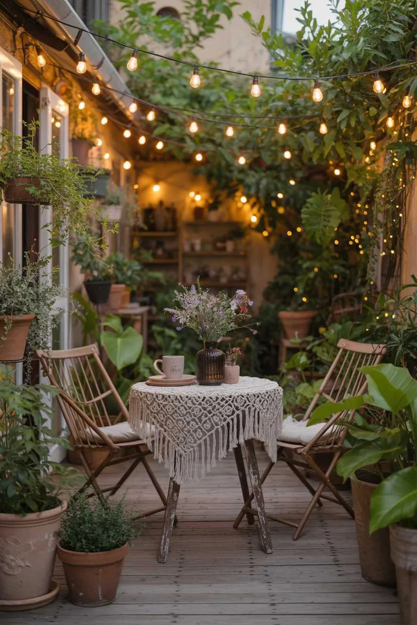 27 Small Patio Garden Ideas That Add Charm to Outdoor Spaces 14 Round weathered wood table with macrame tablecloth and wildflower vase, surrounded by trailing plants under twinkling lights