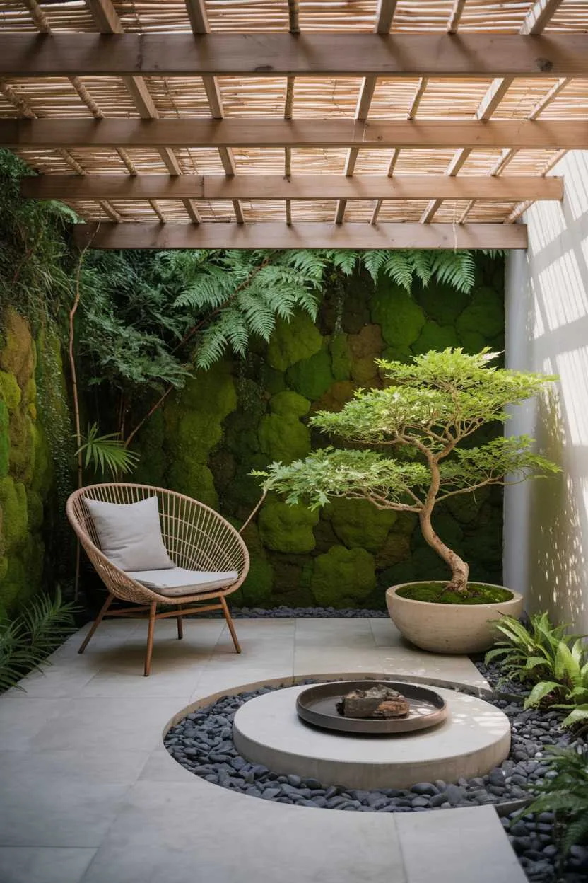 27 Small Patio Garden Ideas That Add Charm to Outdoor Spaces 15 Modern patio with circular fire pit surrounded by stone pebbles, bonsai maple tree, and bamboo screen