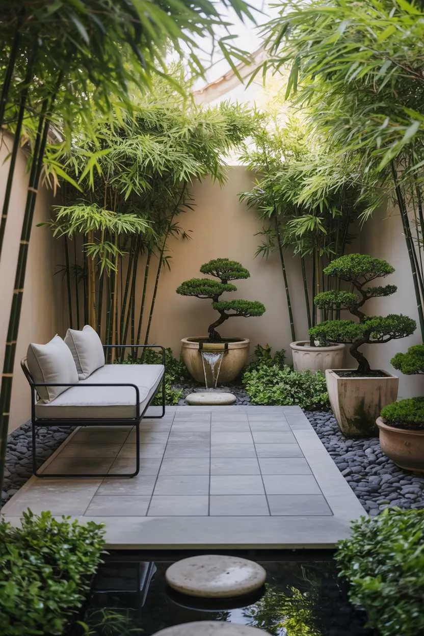 27 Small Patio Garden Ideas That Add Charm to Outdoor Spaces 16 Square stone patio with black steel bench, arranged bamboo and bonsai trees, small water feature