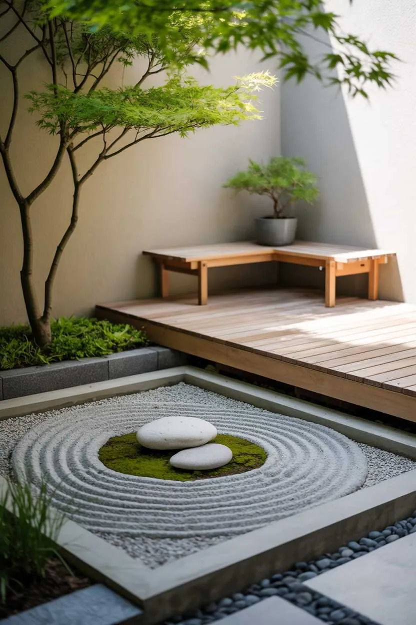 27 Small Patio Garden Ideas That Add Charm to Outdoor Spaces 17 Minimalist concrete zen garden with raked patterns, river stones, wooden deck with low bench, and Japanese maple